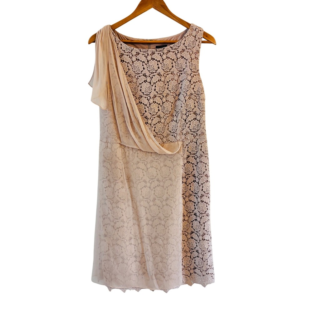 Ann Taylor Silk Lace Sheath Dress 10 Pink Blush Chiffon Drape Cocktail